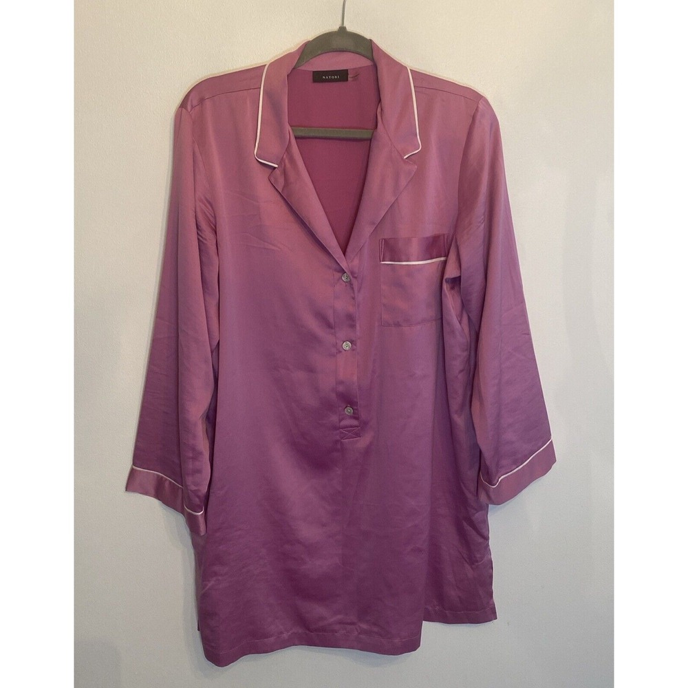 Natori Feathers Notch‎ Satin Sleep Shirt Pink White Piping Size Large